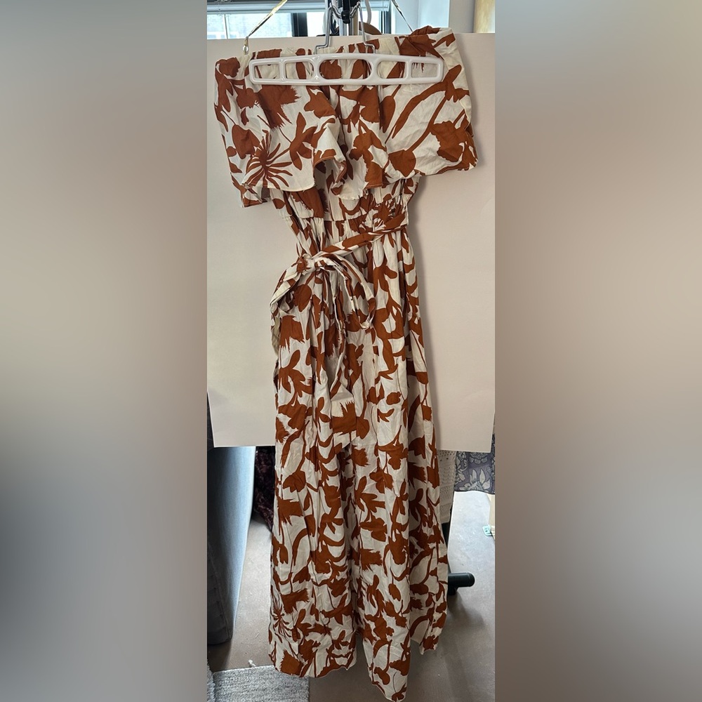 Red Dress Boutique-Strapless Ruffle Brown and White Floral Wide Leg Jumpsuit